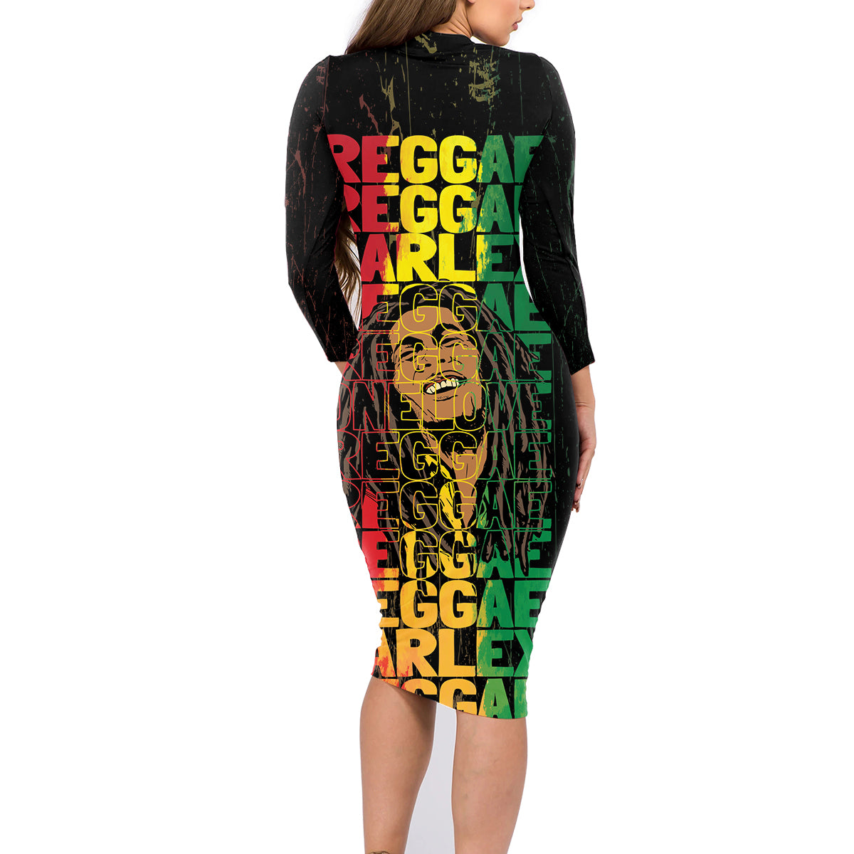 Reggae King Marley Family Matching Long Sleeve Bodycon Dress and Hawaiian Shirt Typeset Grunge Style LT7 - Wonder Print Shop