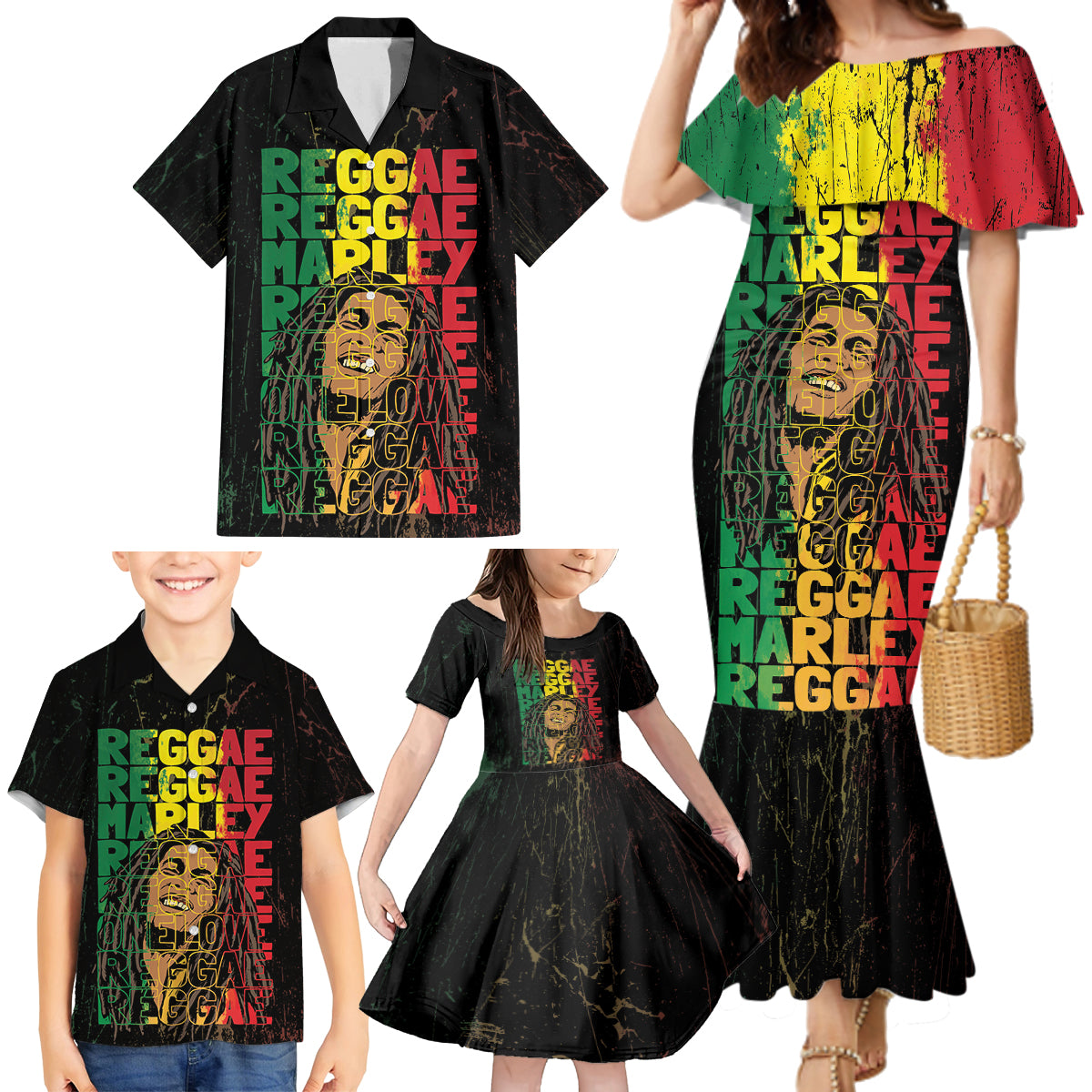 Reggae King Marley Family Matching Mermaid Dress and Hawaiian Shirt Typeset Grunge Style LT7 - Wonder Print Shop