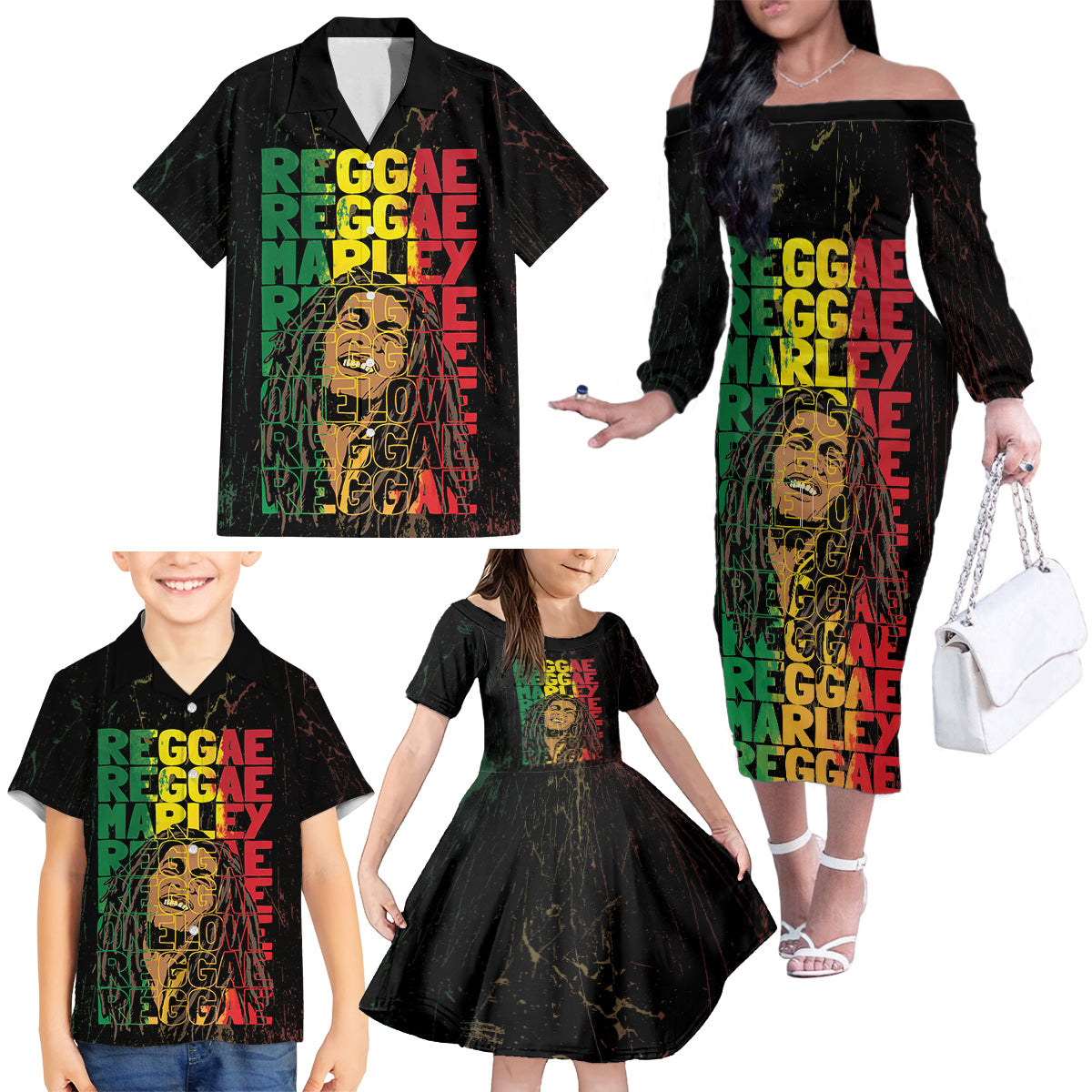 Reggae King Marley Family Matching Off The Shoulder Long Sleeve Dress and Hawaiian Shirt Typeset Grunge Style - Wonder Print Shop