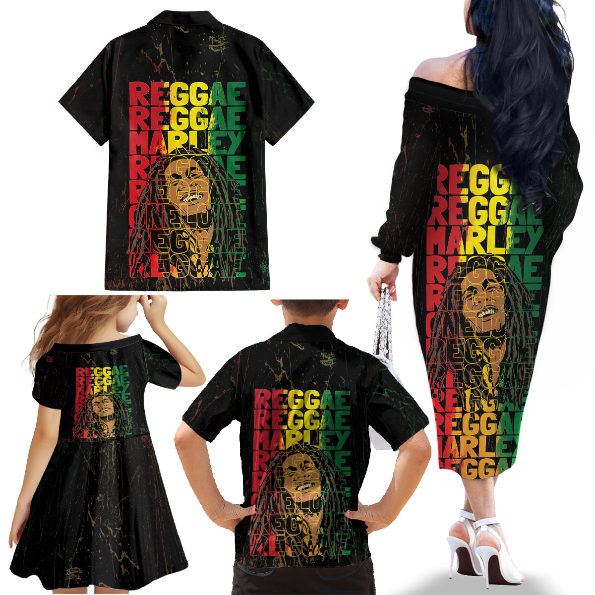 Reggae King Marley Family Matching Off The Shoulder Long Sleeve Dress and Hawaiian Shirt Typeset Grunge Style - Wonder Print Shop
