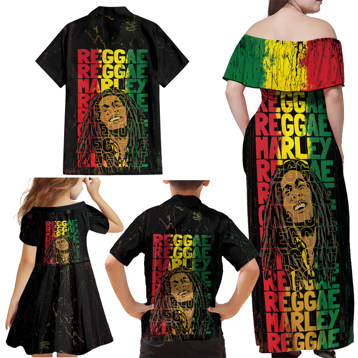 Reggae King Marley Family Matching Off Shoulder Maxi Dress and Hawaiian Shirt Typeset Grunge Style LT7 - Wonder Print Shop