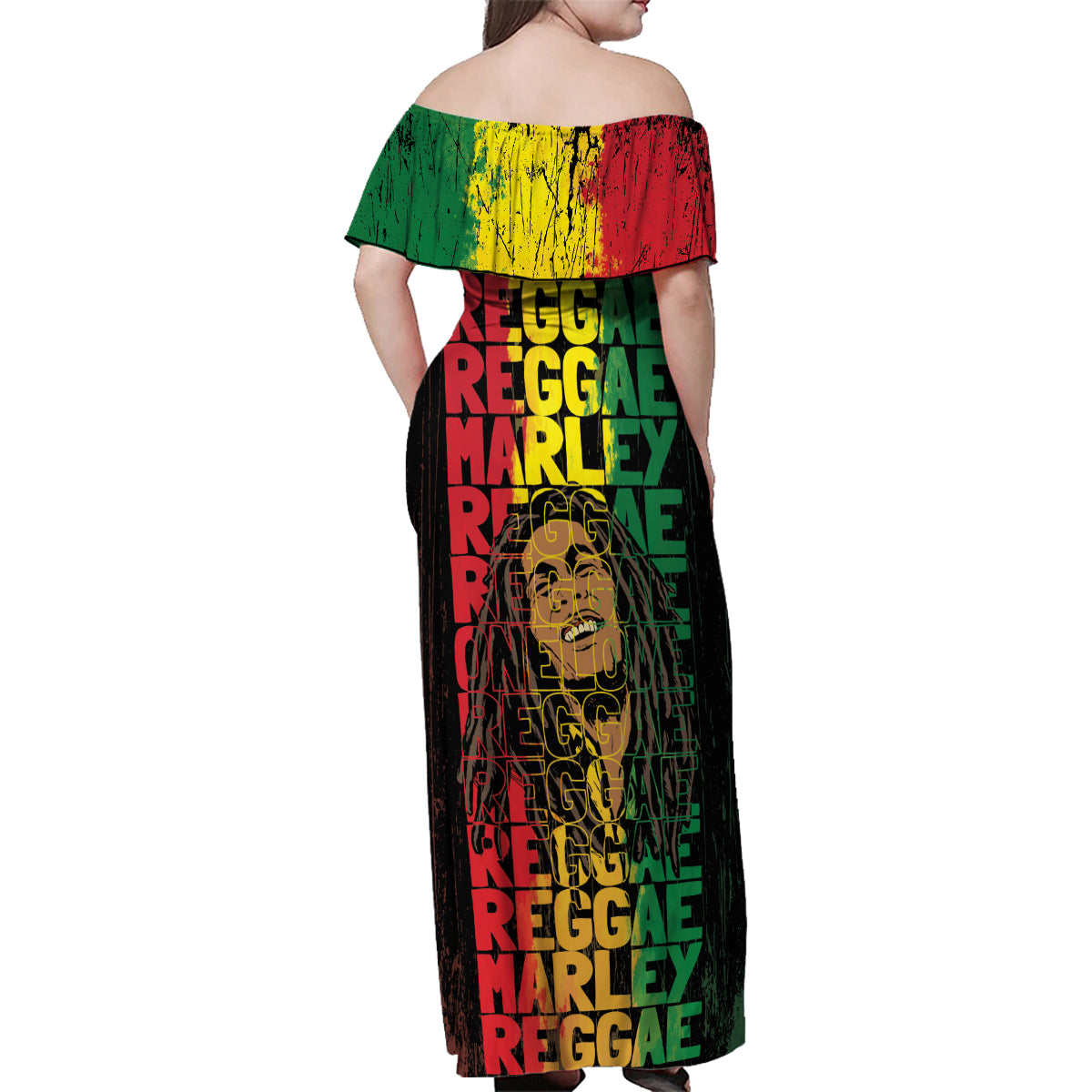 Reggae King Marley Family Matching Off Shoulder Maxi Dress and Hawaiian Shirt Typeset Grunge Style LT7 - Wonder Print Shop