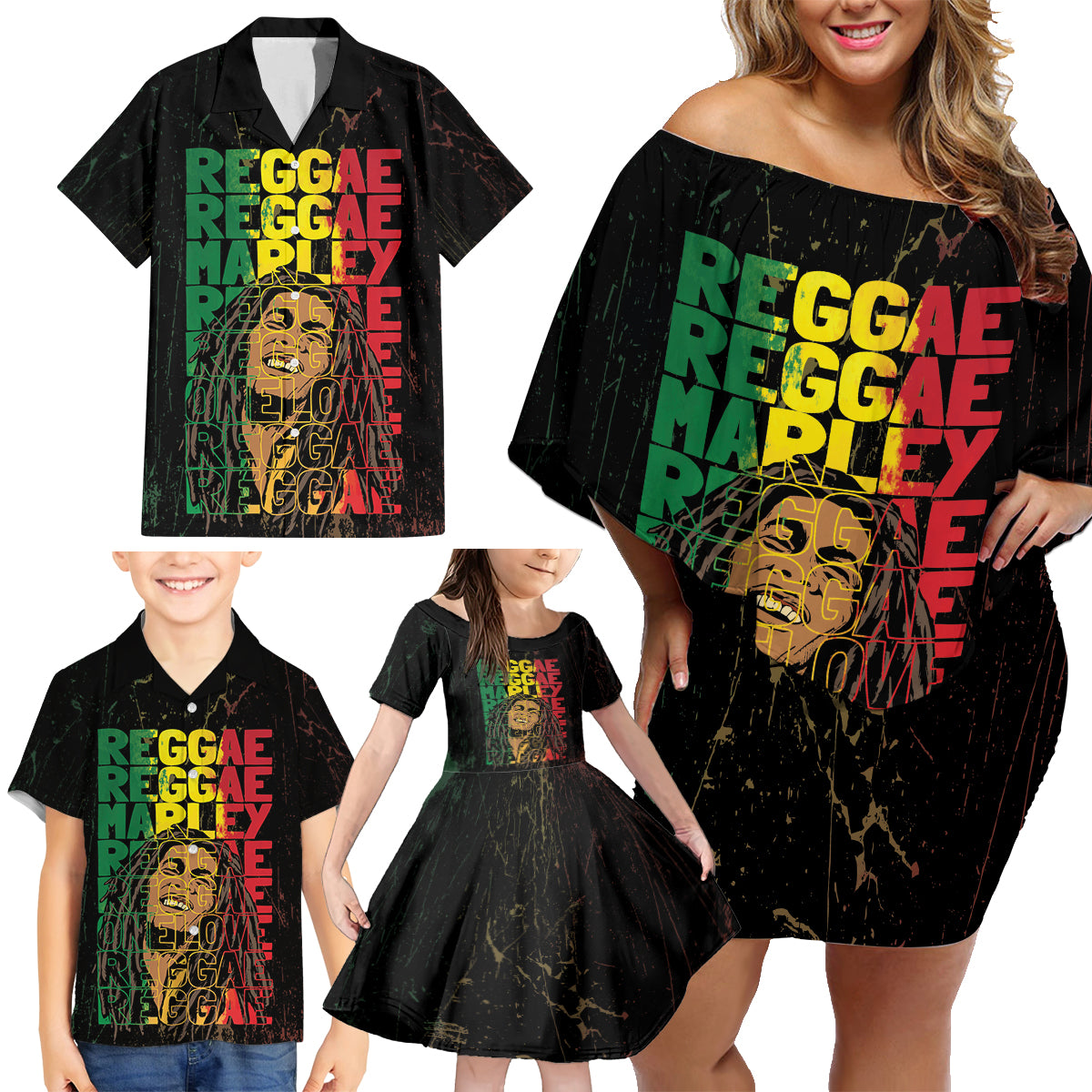 Reggae King Marley Family Matching Off Shoulder Short Dress and Hawaiian Shirt Typeset Grunge Style LT7 - Wonder Print Shop