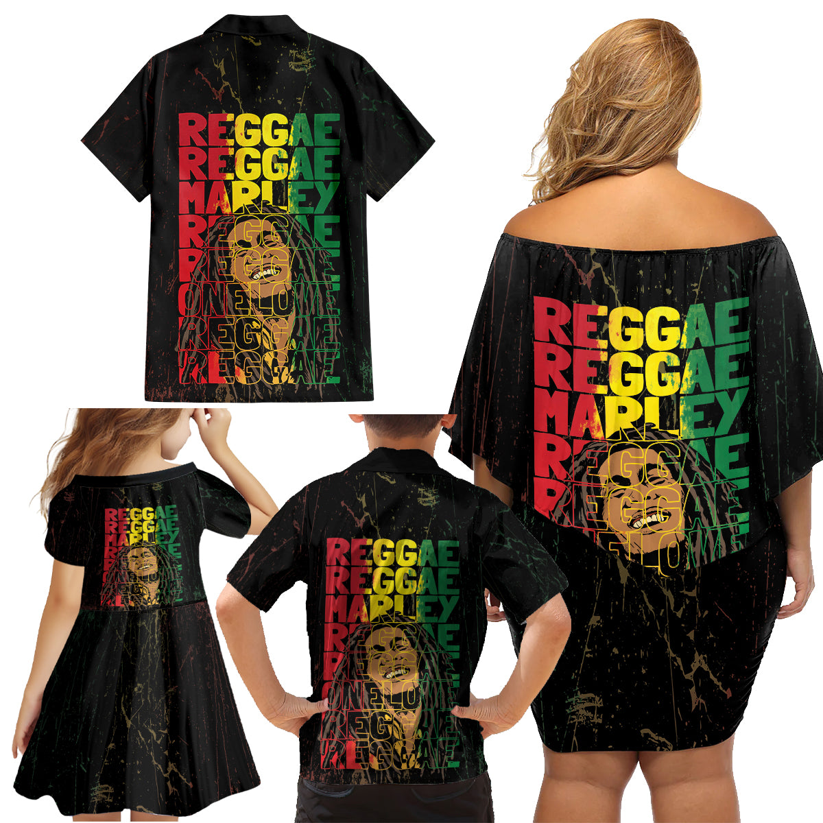 Reggae King Marley Family Matching Off Shoulder Short Dress and Hawaiian Shirt Typeset Grunge Style LT7 - Wonder Print Shop