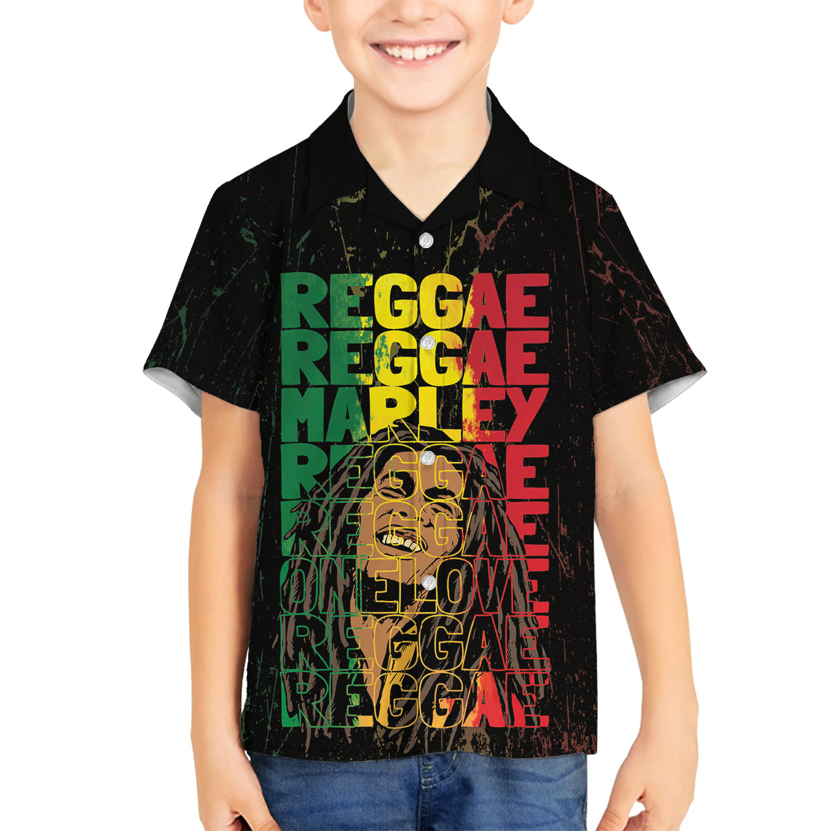 Reggae King Marley Family Matching Off Shoulder Short Dress and Hawaiian Shirt Typeset Grunge Style LT7 - Wonder Print Shop