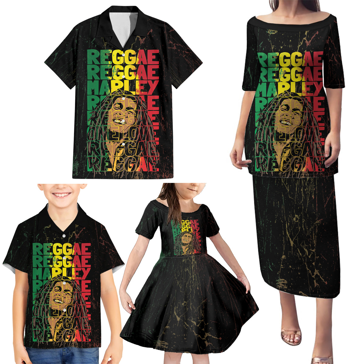 Reggae King Marley Family Matching Puletasi and Hawaiian Shirt Typeset Grunge Style - Wonder Print Shop