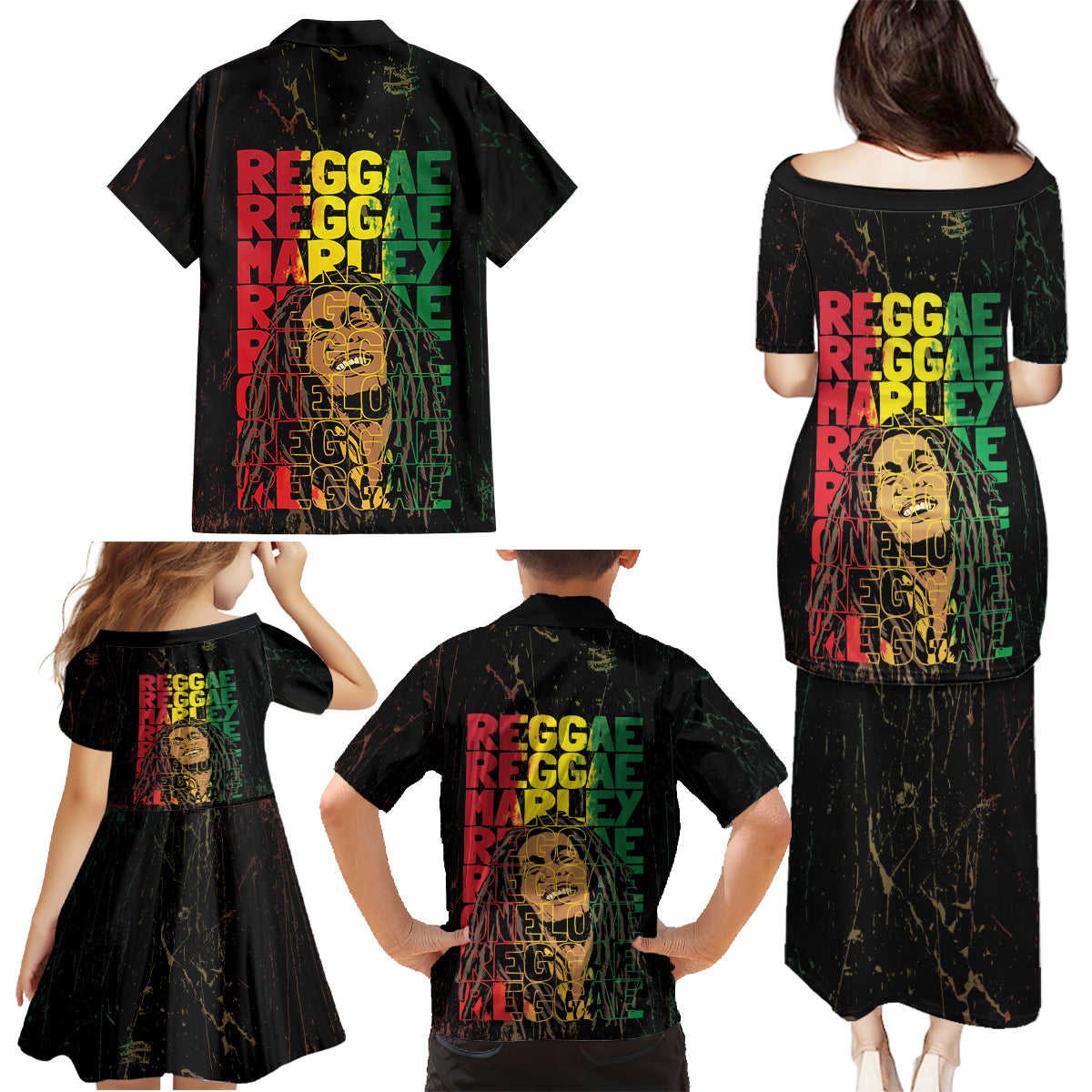 Reggae King Marley Family Matching Puletasi and Hawaiian Shirt Typeset Grunge Style - Wonder Print Shop