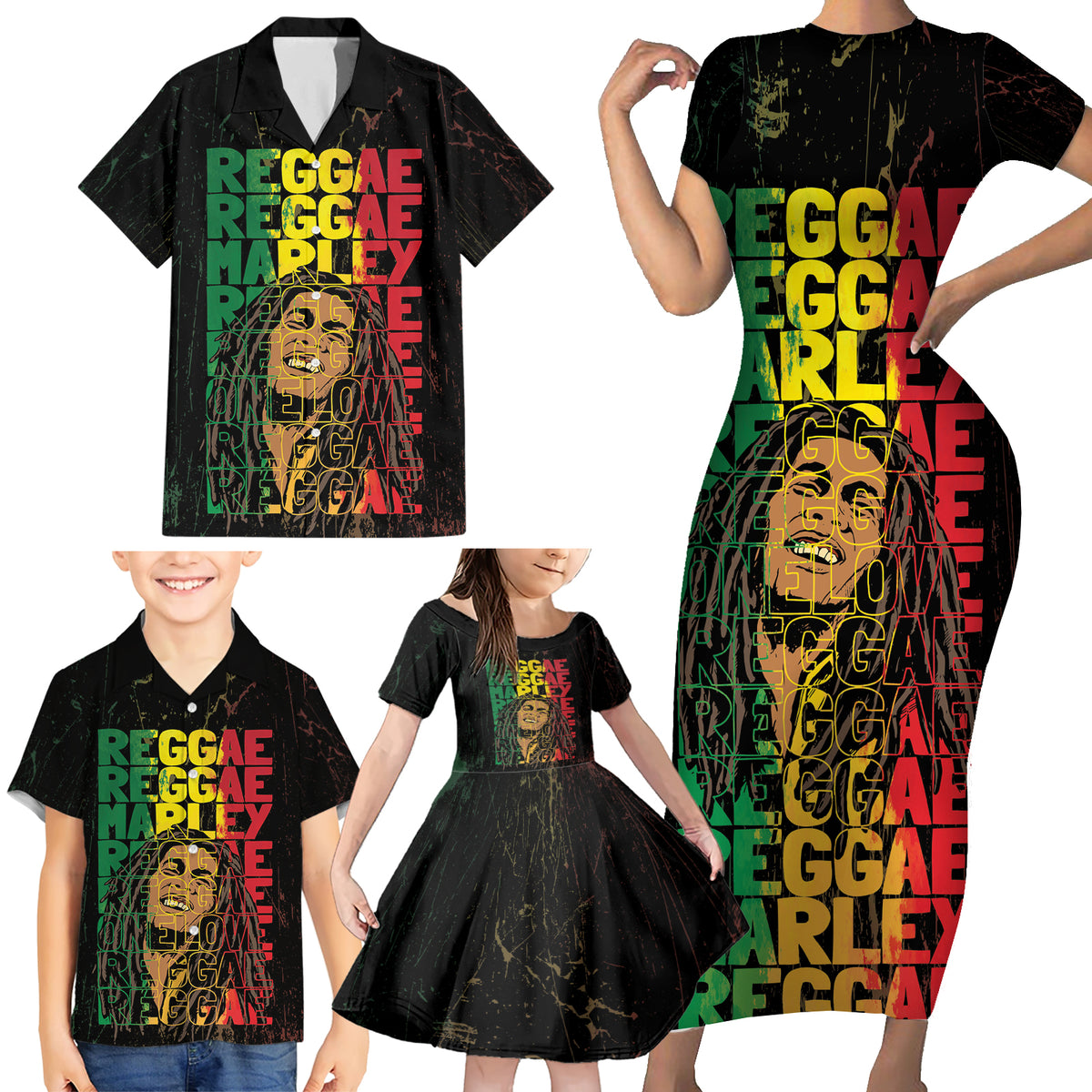 Reggae King Marley Family Matching Short Sleeve Bodycon Dress and Hawaiian Shirt Typeset Grunge Style - Wonder Print Shop