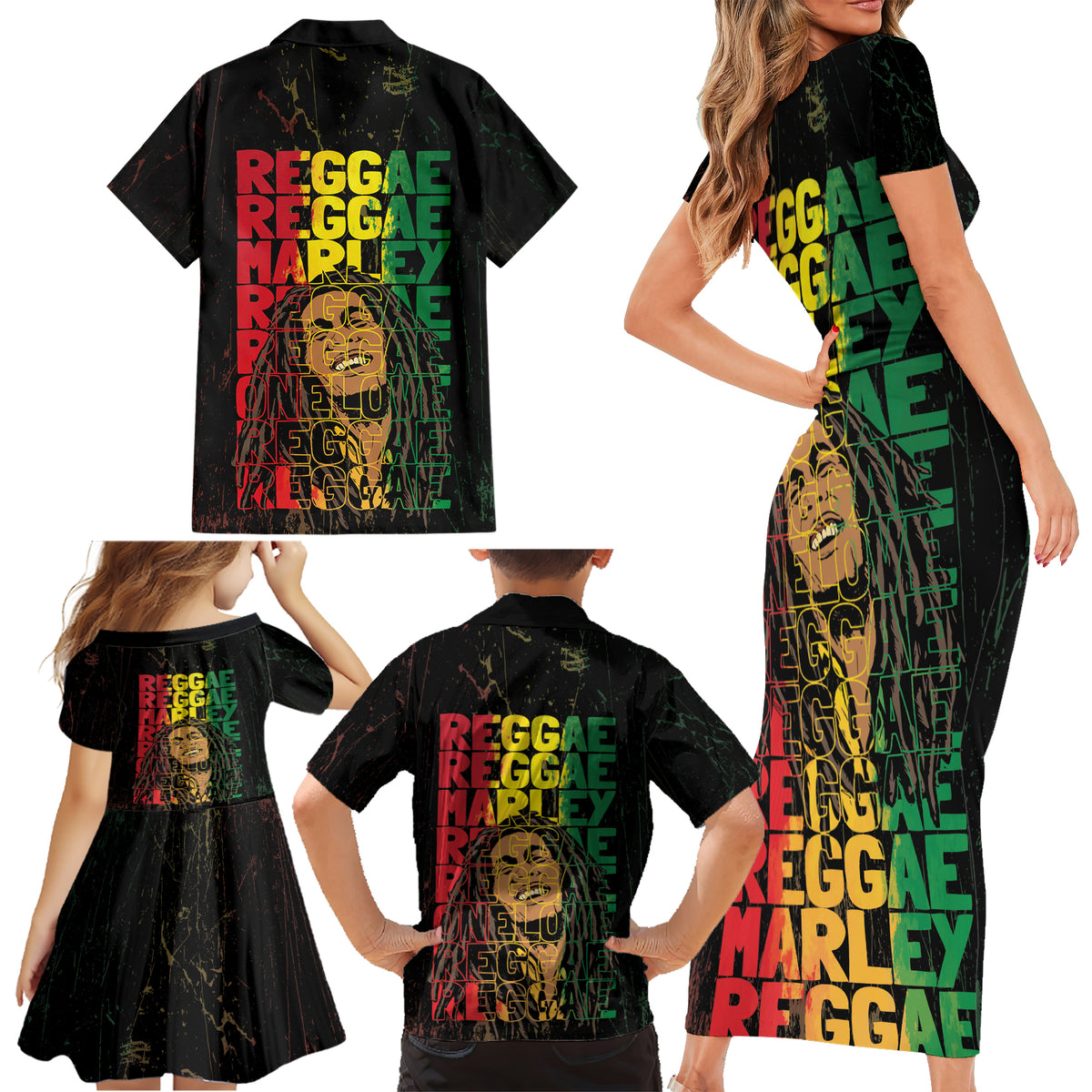 Reggae King Marley Family Matching Short Sleeve Bodycon Dress and Hawaiian Shirt Typeset Grunge Style - Wonder Print Shop