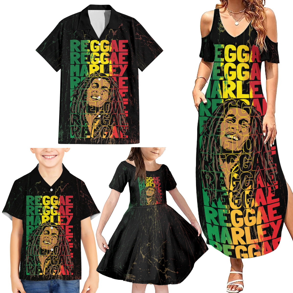 Reggae King Marley Family Matching Summer Maxi Dress and Hawaiian Shirt Typeset Grunge Style - Wonder Print Shop