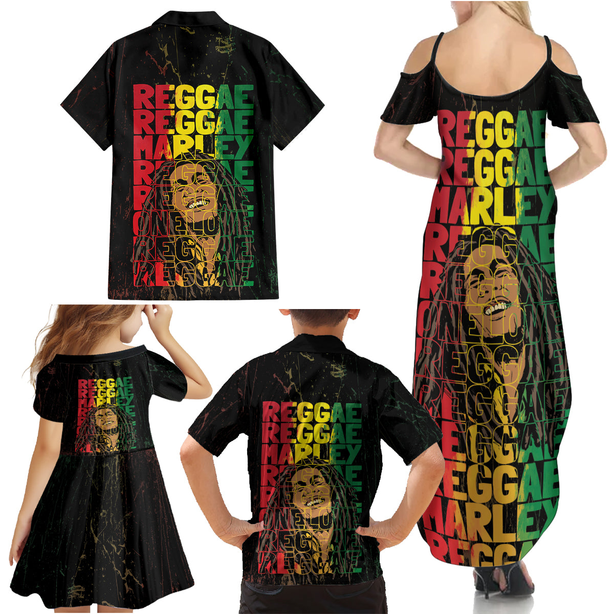 Reggae King Marley Family Matching Summer Maxi Dress and Hawaiian Shirt Typeset Grunge Style - Wonder Print Shop