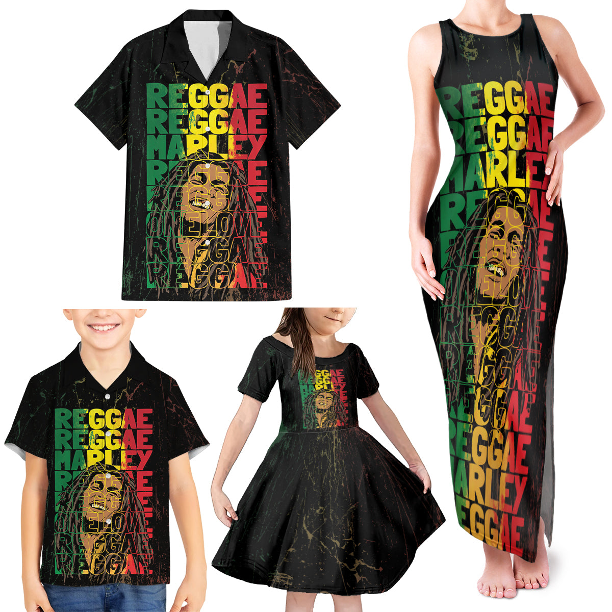 Reggae King Marley Family Matching Tank Maxi Dress and Hawaiian Shirt Typeset Grunge Style - Wonder Print Shop