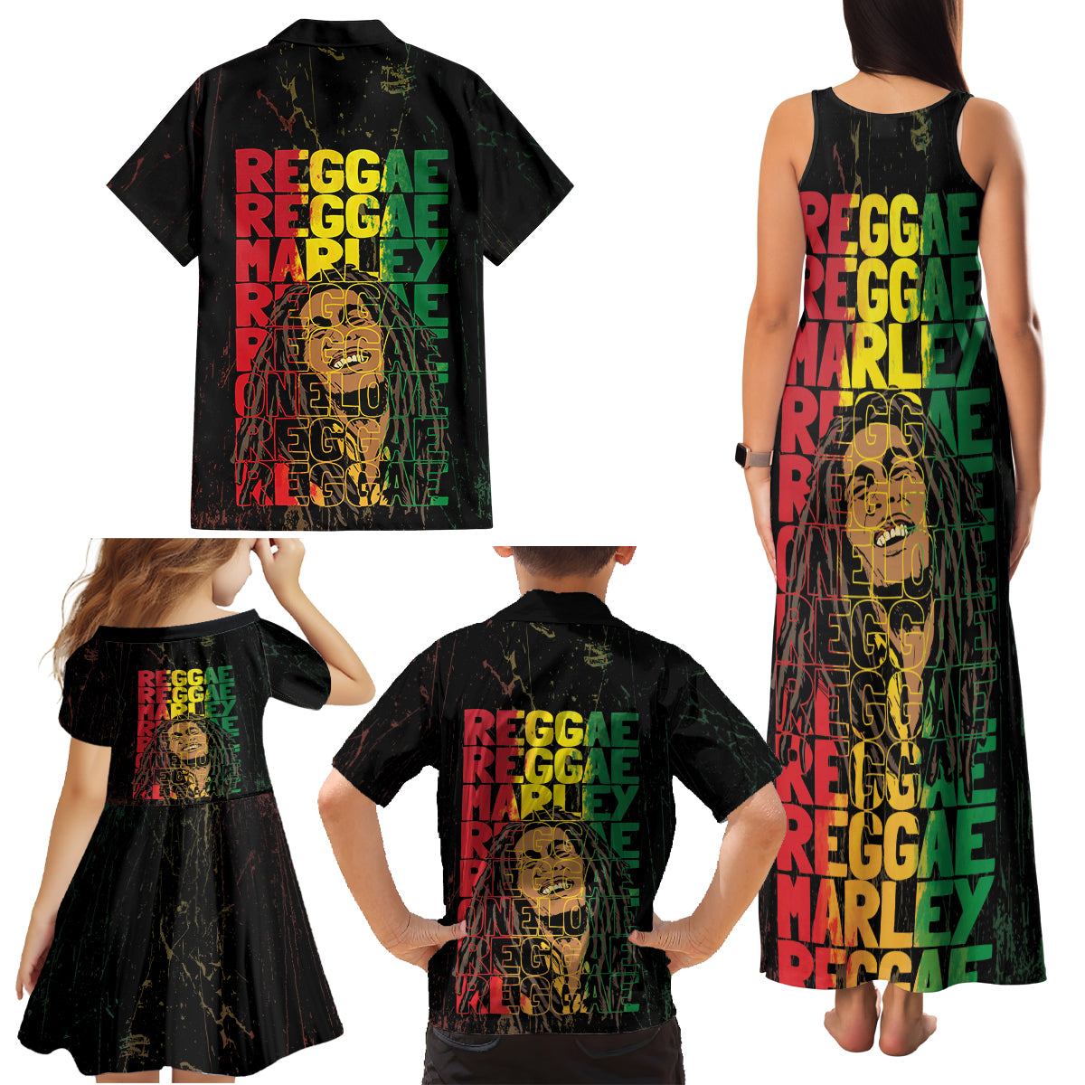 Reggae King Marley Family Matching Tank Maxi Dress and Hawaiian Shirt Typeset Grunge Style - Wonder Print Shop