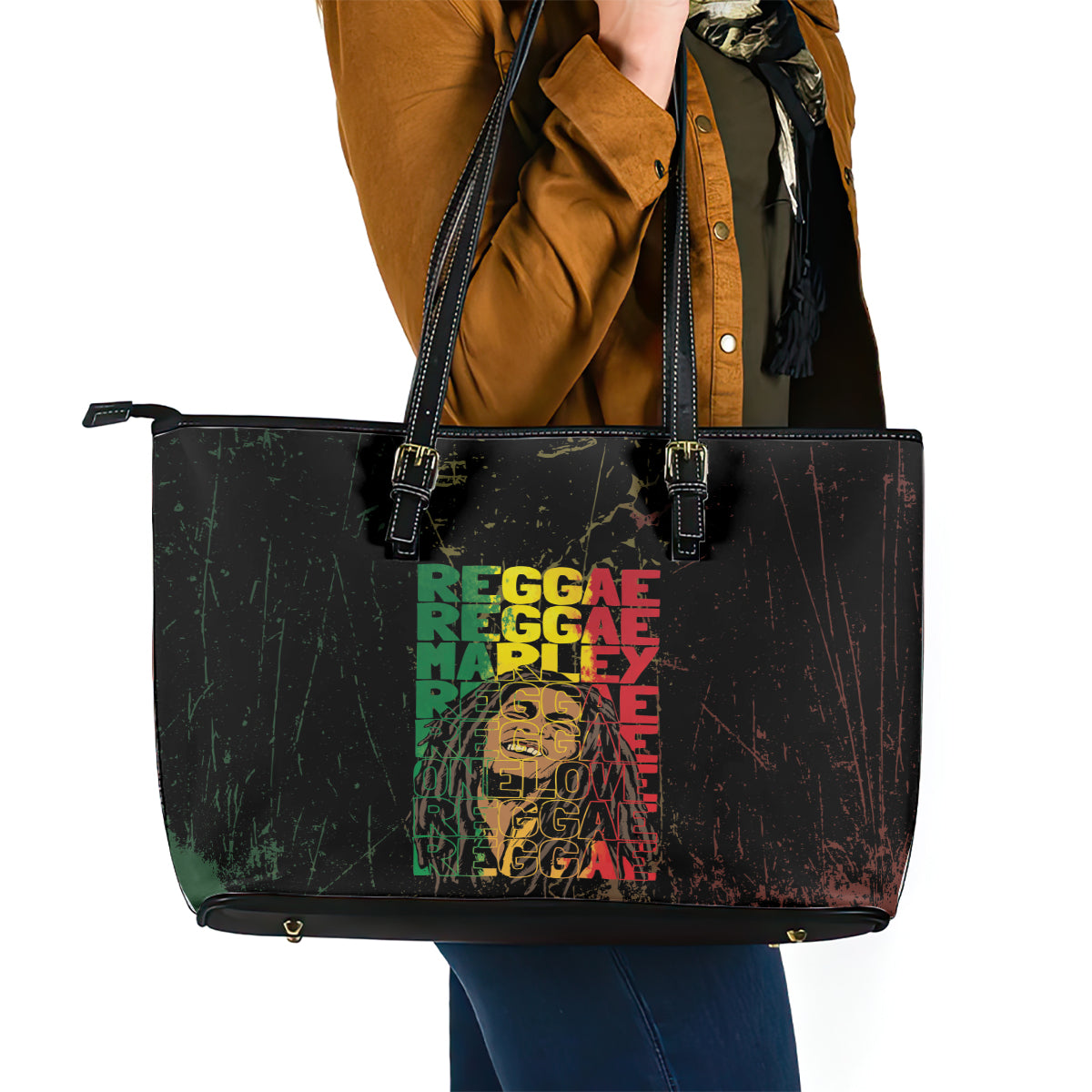 Reggae King Marley Leather Tote Bag Typeset Grunge Style - Wonder Print Shop