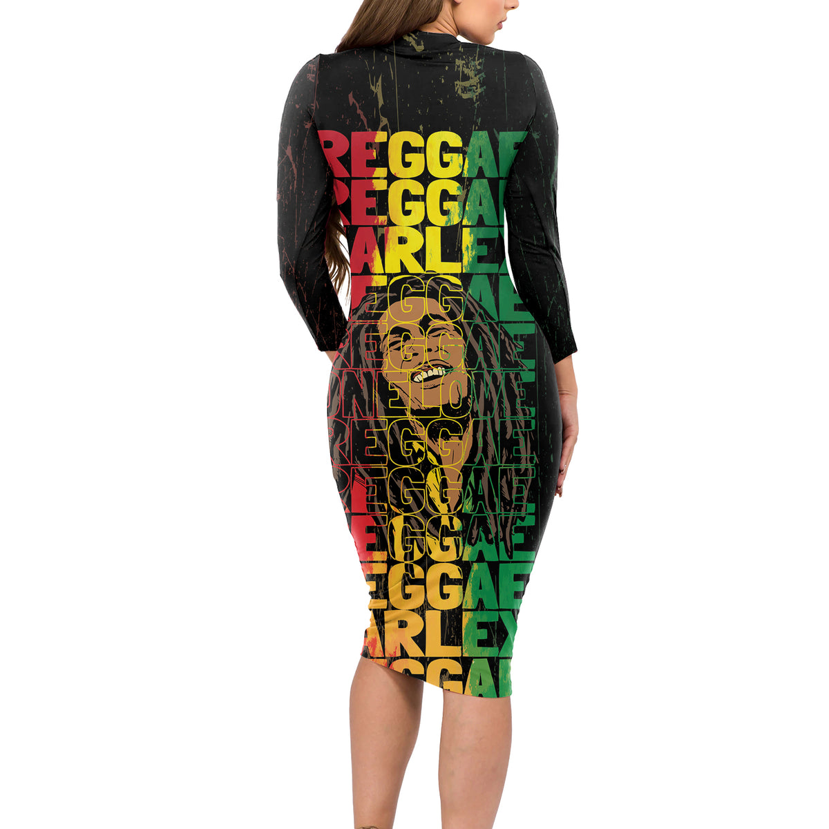 Reggae King Marley Long Sleeve Bodycon Dress Typeset Grunge Style - Wonder Print Shop