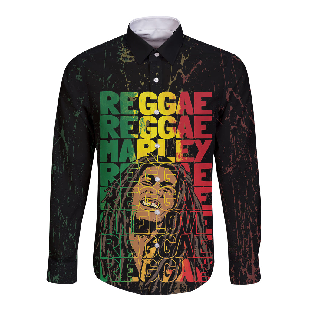 Reggae King Marley Long Sleeve Button Shirt Typeset Grunge Style - Wonder Print Shop