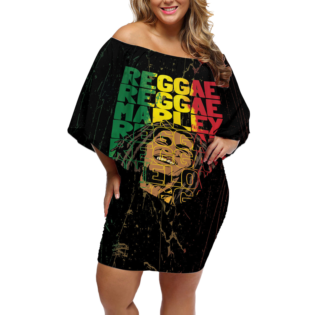 Reggae King Marley Off Shoulder Short Dress Typeset Grunge Style - Wonder Print Shop