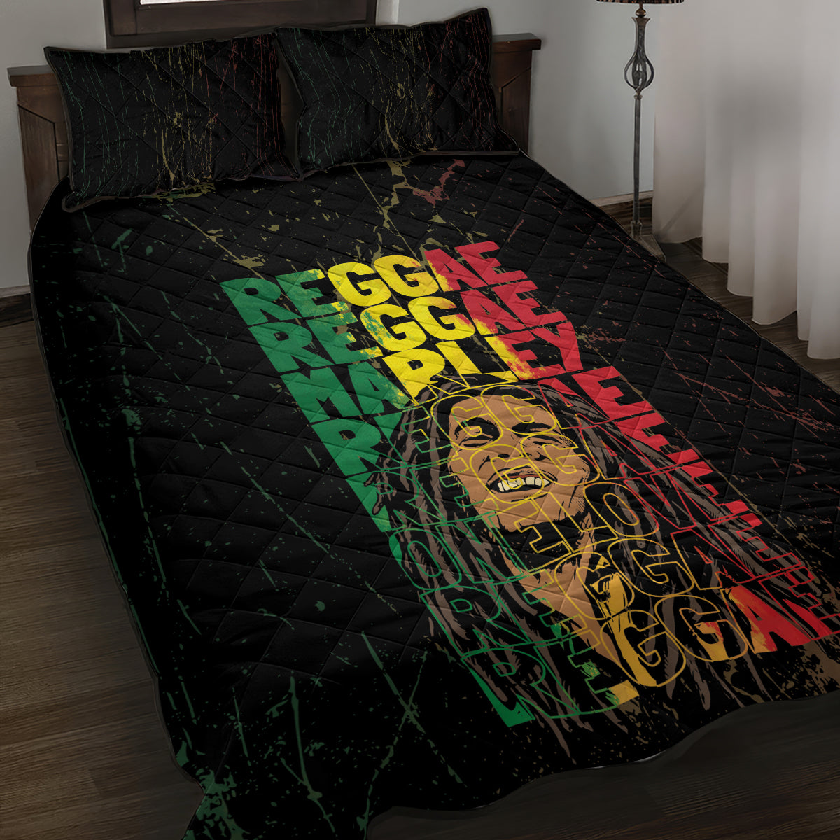 Reggae King Marley Quilt Bed Set Typeset Grunge Style