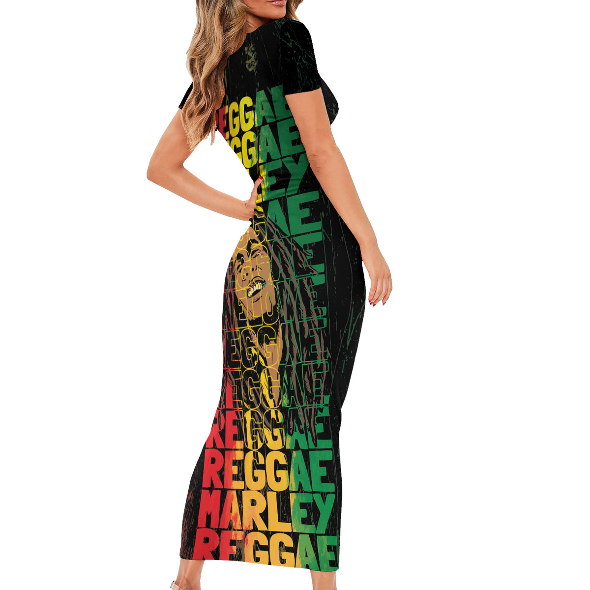 Reggae King Marley Short Sleeve Bodycon Dress Typeset Grunge Style - Wonder Print Shop