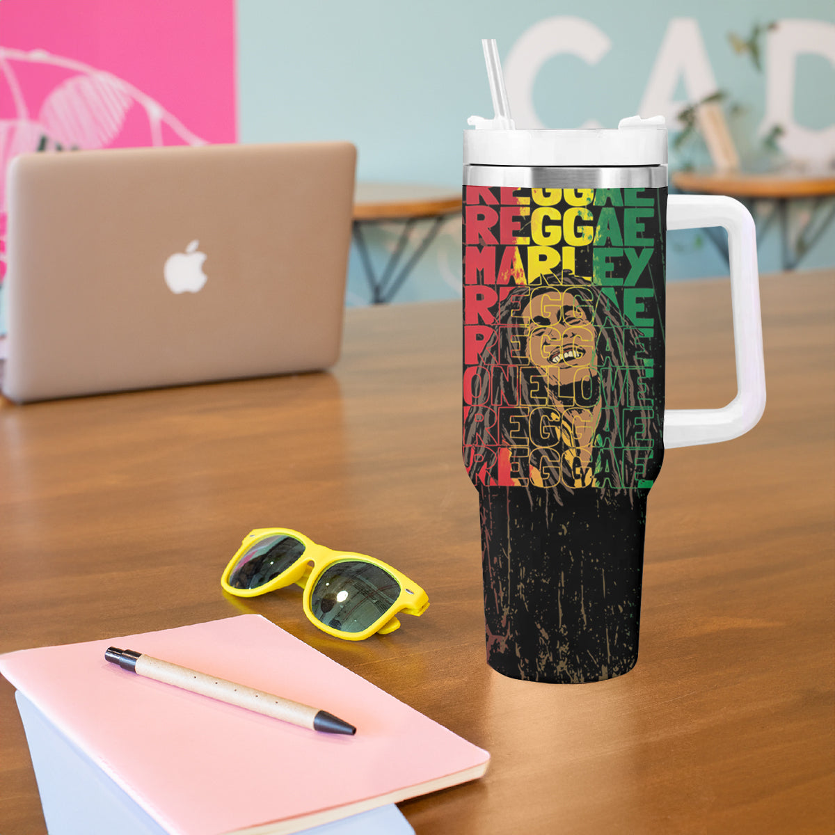 Reggae King Marley Tumbler With Handle Typeset Grunge Style - Wonder Print Shop