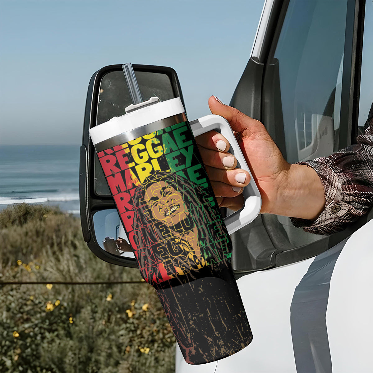 Reggae King Marley Tumbler With Handle Typeset Grunge Style - Wonder Print Shop