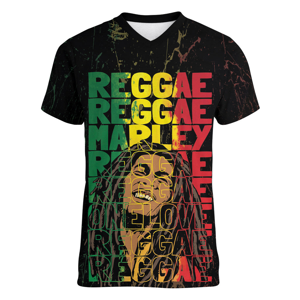 Reggae King Marley Women V-Neck T-Shirt Typeset Grunge Style - Wonder Print Shop