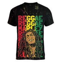 Reggae King Marley Women V-Neck T-Shirt Typeset Grunge Style - Wonder Print Shop