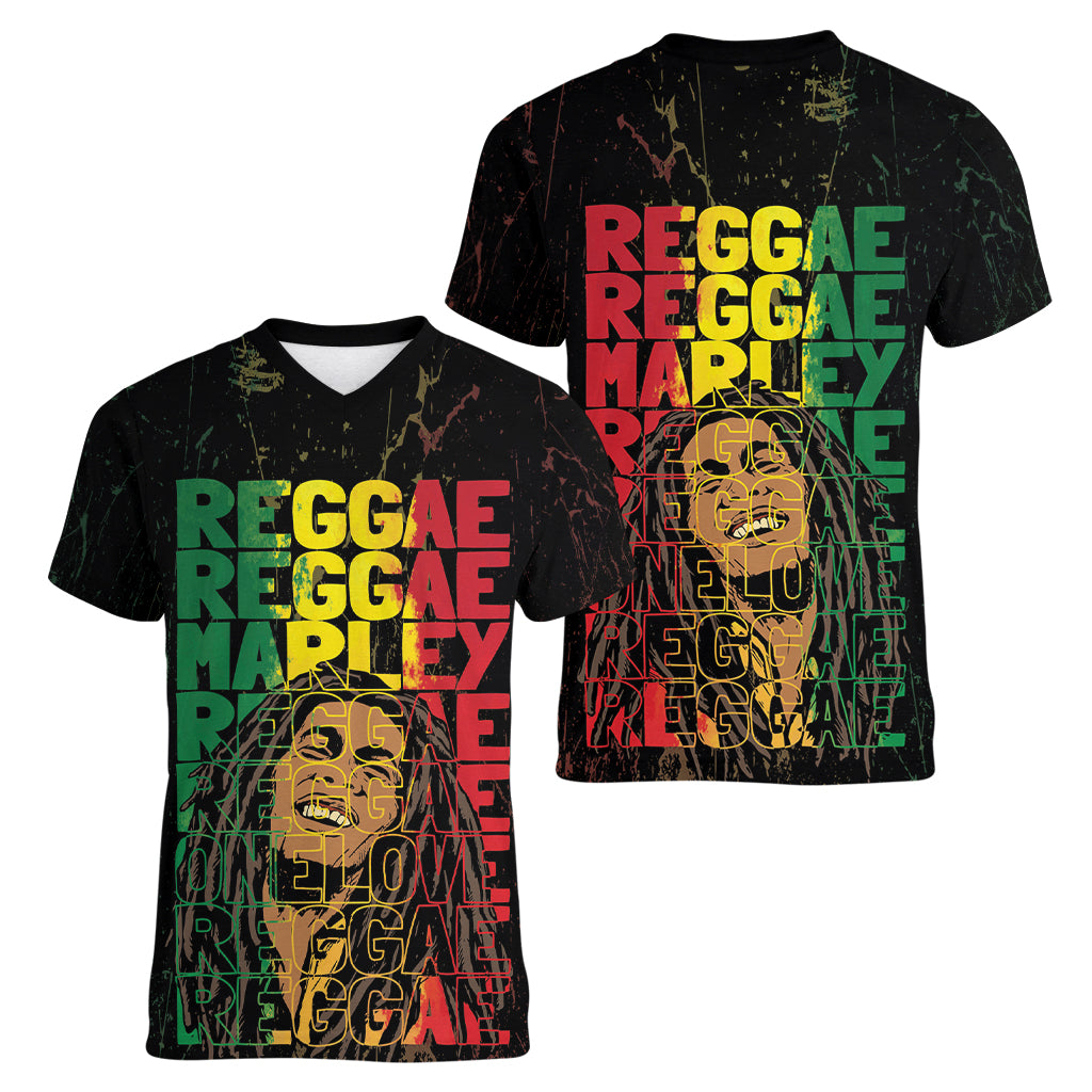 Reggae King Marley Women V-Neck T-Shirt Typeset Grunge Style - Wonder Print Shop