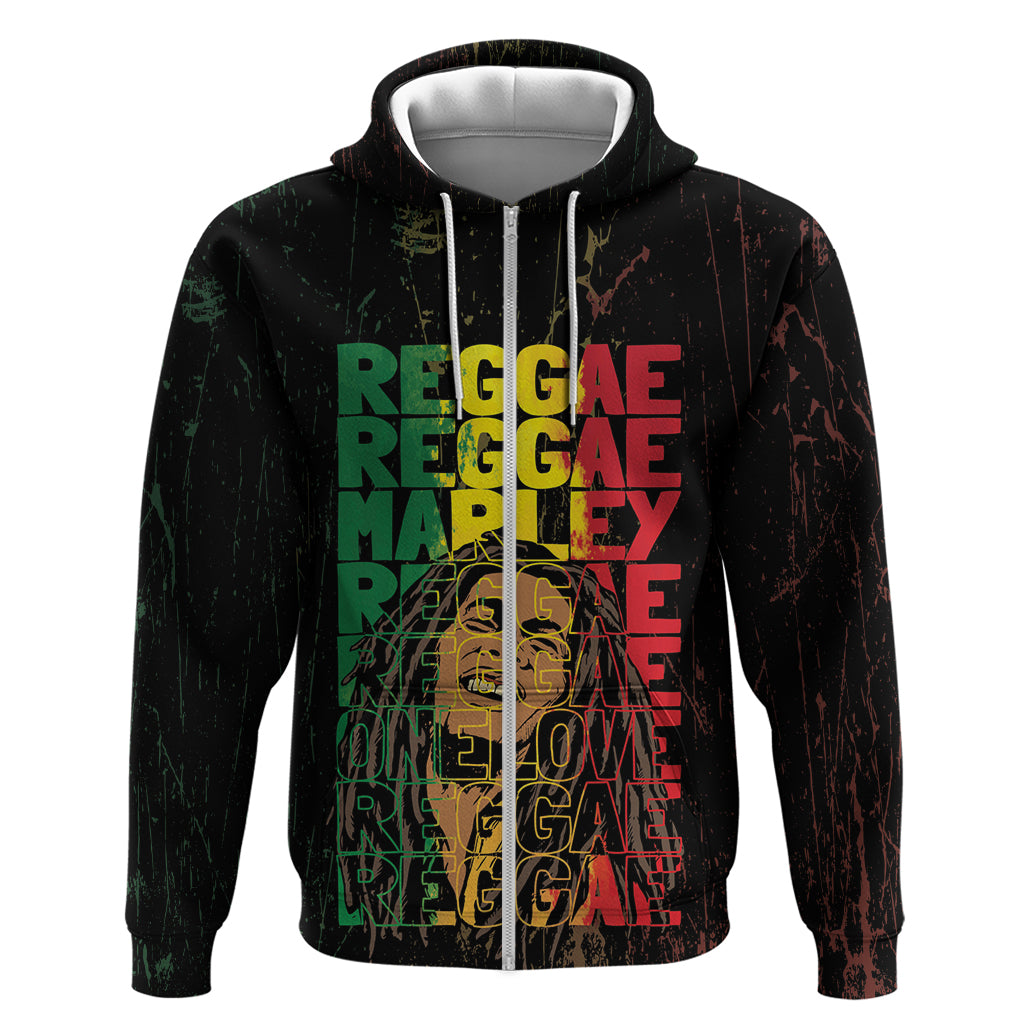 Reggae King Marley Zip Hoodie Typeset Grunge Style