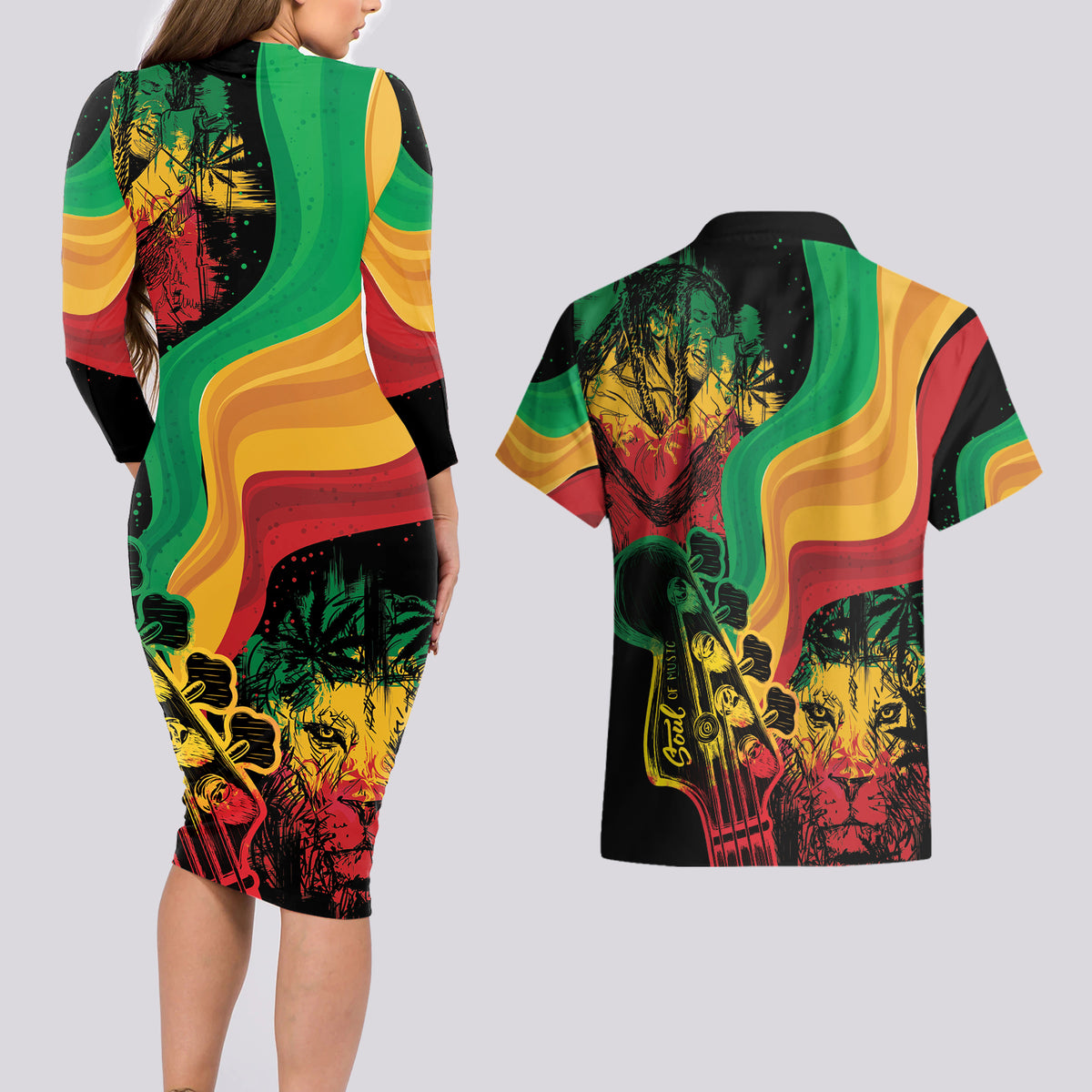 Reggae Day Couples Matching Long Sleeve Bodycon Dress and Hawaiian Shirt One Love One Heart LT7 - Wonder Print Shop