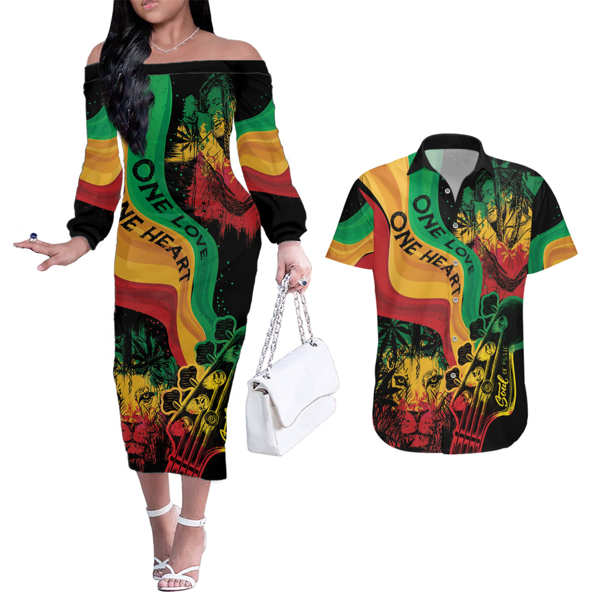 Reggae Day Couples Matching Off The Shoulder Long Sleeve Dress and Hawaiian Shirt One Love One Heart LT7 - Wonder Print Shop