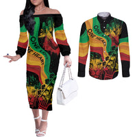Reggae Day Couples Matching Off The Shoulder Long Sleeve Dress and Long Sleeve Button Shirt One Love One Heart