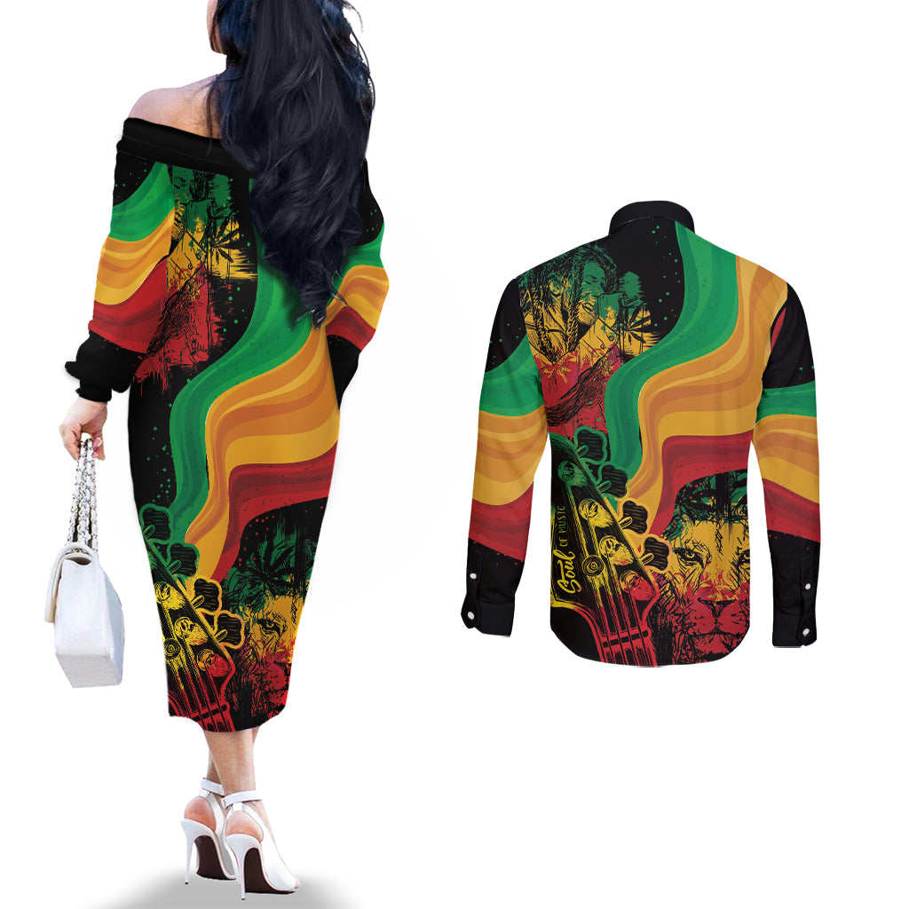 Reggae Day Couples Matching Off The Shoulder Long Sleeve Dress and Long Sleeve Button Shirt One Love One Heart
