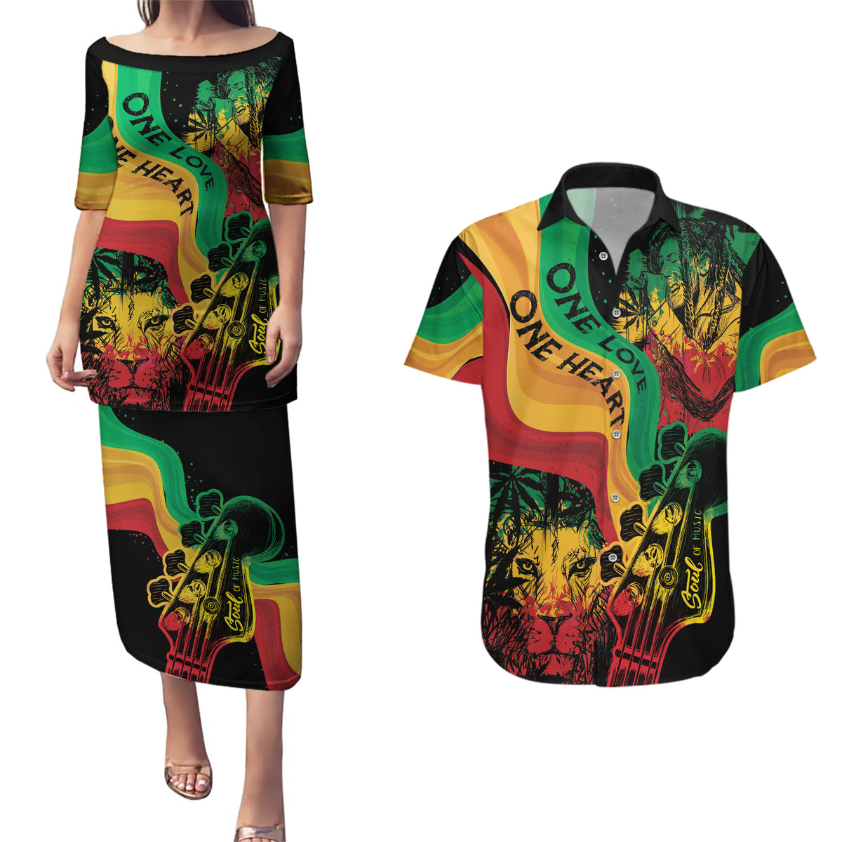 Reggae Day Couples Matching Puletasi and Hawaiian Shirt One Love One Heart LT7 - Wonder Print Shop