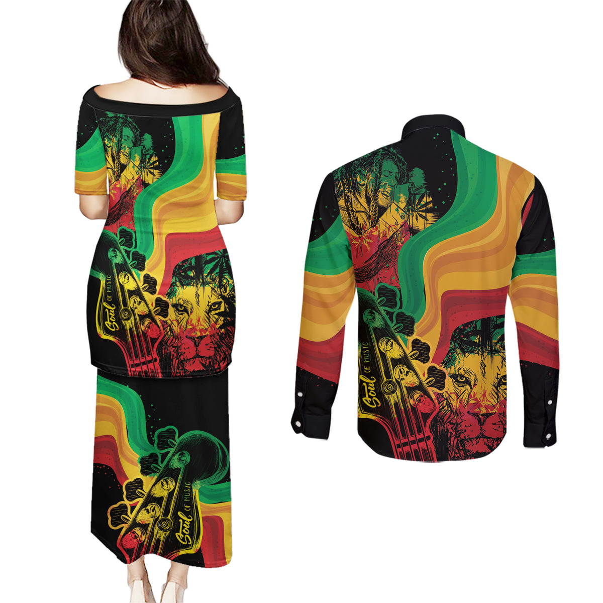 Reggae Day Couples Matching Puletasi and Long Sleeve Button Shirt One Love One Heart LT7 - Wonder Print Shop