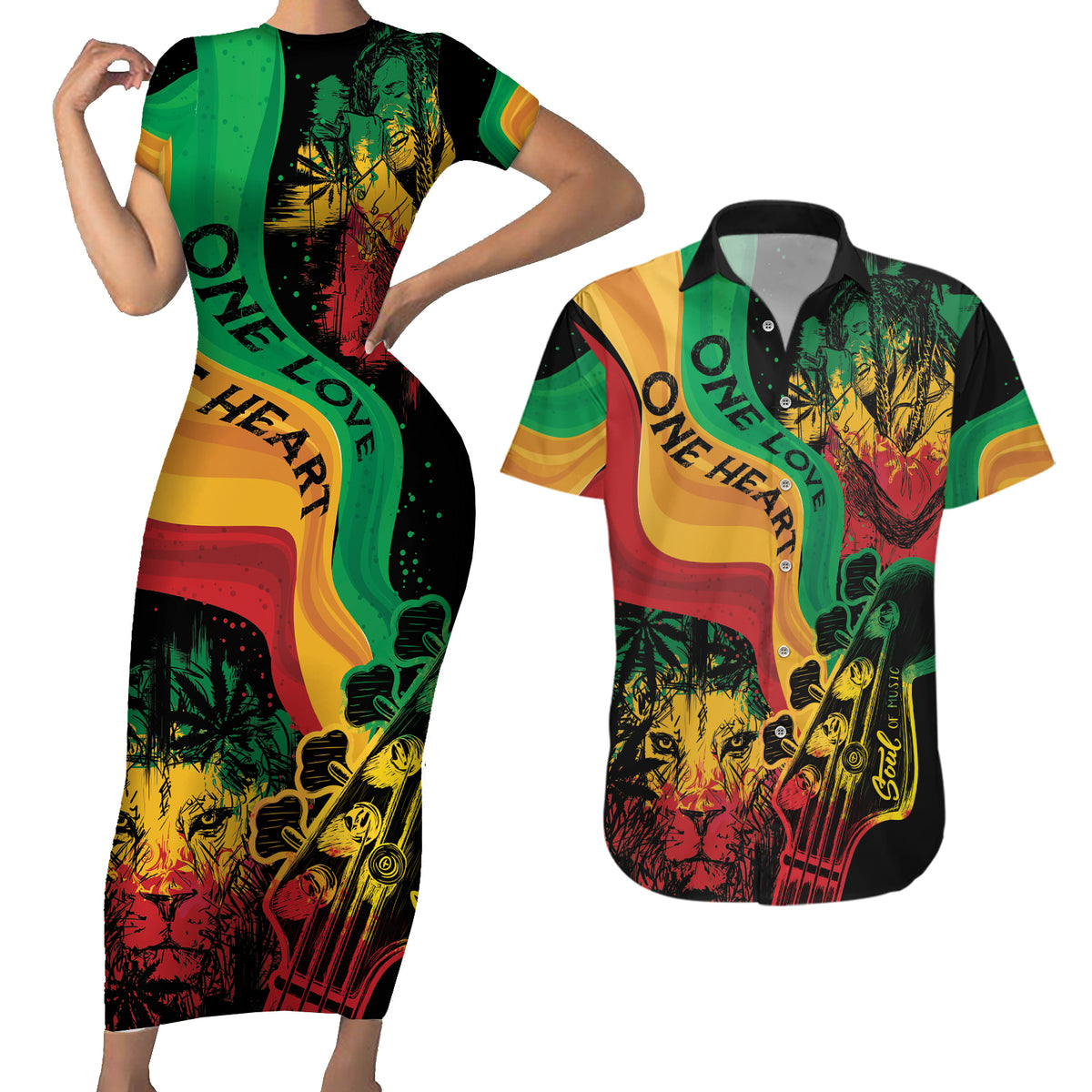 Reggae Day Couples Matching Short Sleeve Bodycon Dress and Hawaiian Shirt One Love One Heart LT7 - Wonder Print Shop