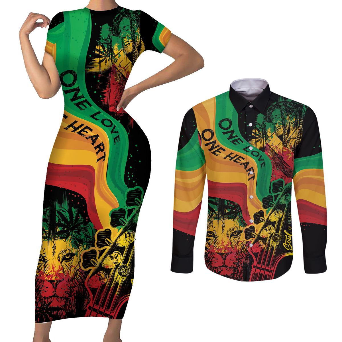 Reggae Day Couples Matching Short Sleeve Bodycon Dress and Long Sleeve Button Shirt One Love One Heart LT7 - Wonder Print Shop