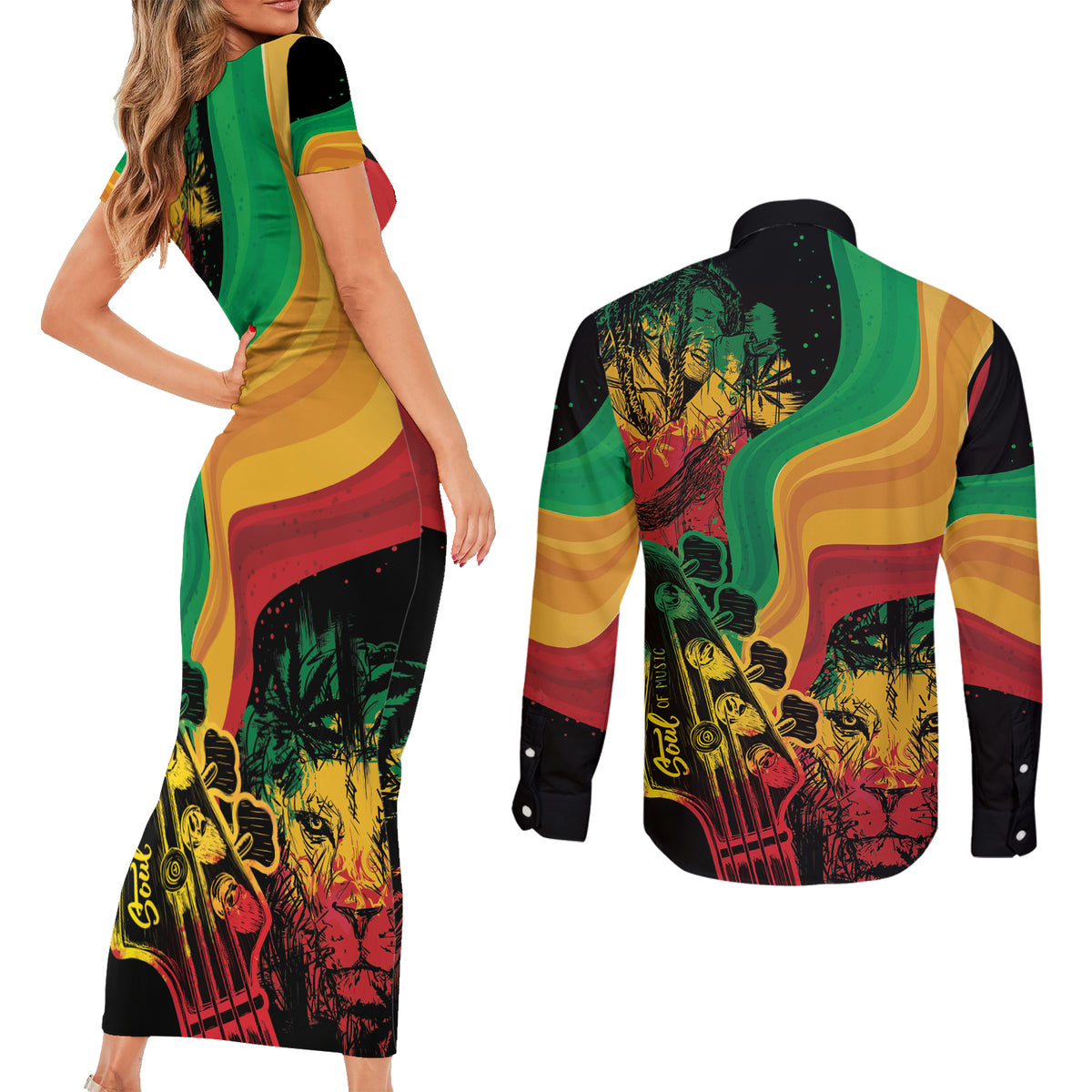 Reggae Day Couples Matching Short Sleeve Bodycon Dress and Long Sleeve Button Shirt One Love One Heart LT7 - Wonder Print Shop