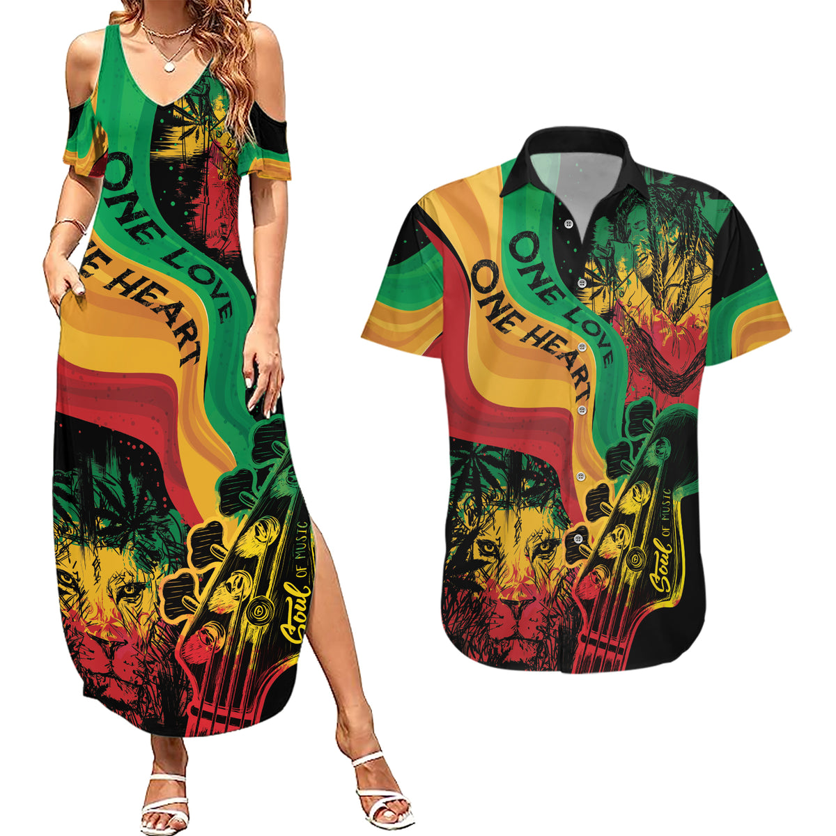 Reggae Day Couples Matching Summer Maxi Dress and Hawaiian Shirt One Love One Heart LT7 - Wonder Print Shop