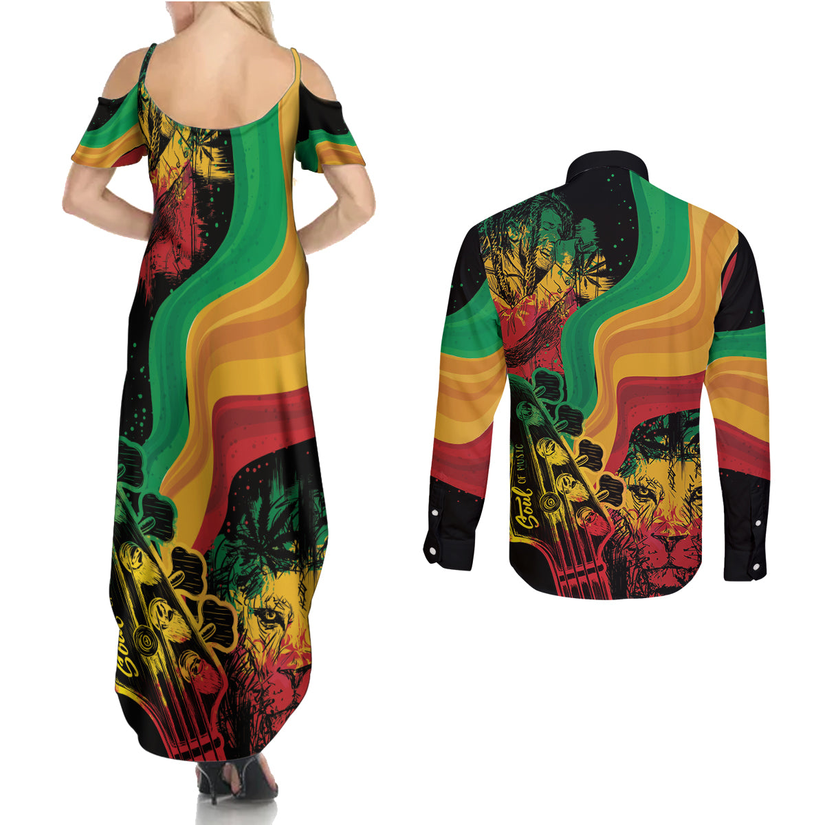 Reggae Day Couples Matching Summer Maxi Dress and Long Sleeve Button Shirt One Love One Heart LT7 - Wonder Print Shop