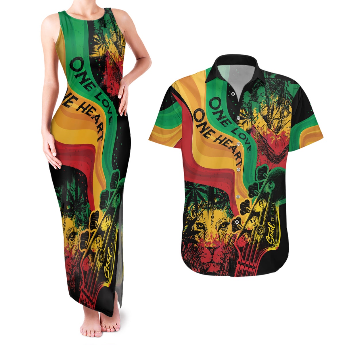 Reggae Day Couples Matching Tank Maxi Dress and Hawaiian Shirt One Love One Heart LT7 - Wonder Print Shop