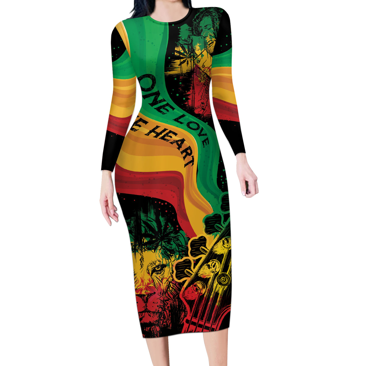 Reggae Day Long Sleeve Bodycon Dress One Love One Heart - Wonder Print Shop