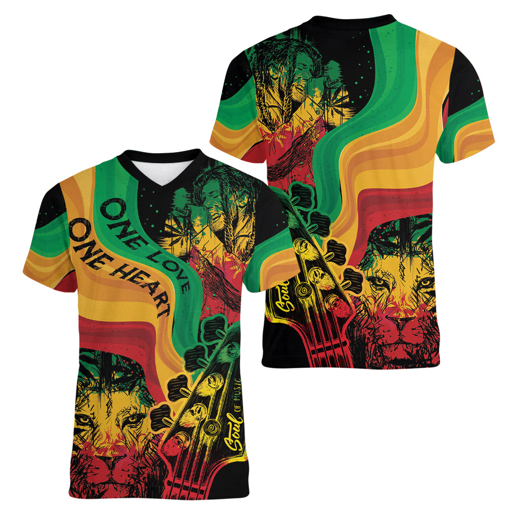 Reggae Day Women V-Neck T-Shirt One Love One Heart - Wonder Print Shop