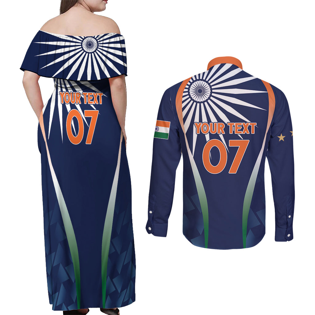 India Cricket World Cup 2024 Couples Matching Off Shoulder Maxi Dress and Long Sleeve Button Shirt Men In Blue Dynamic LT7 - Wonder Print Shop
