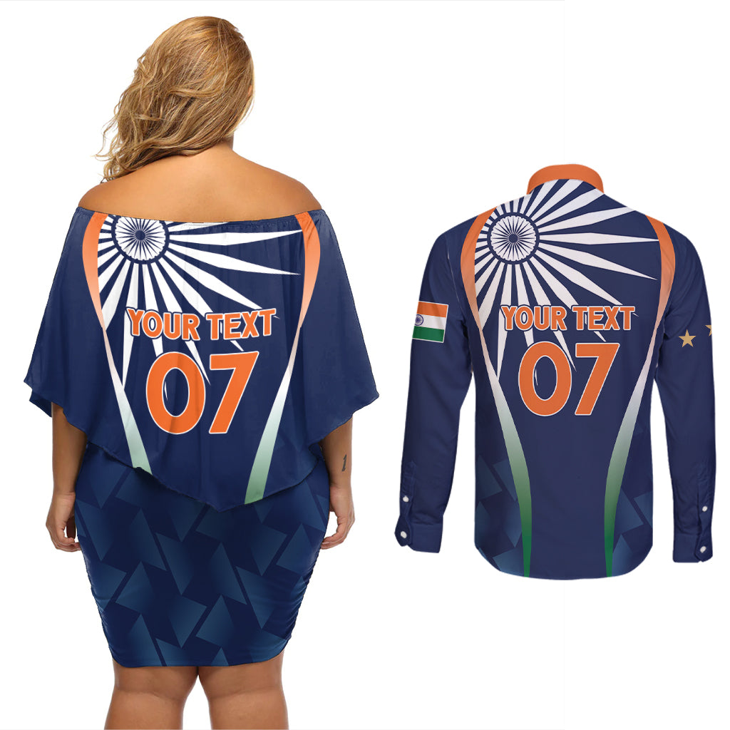 India Cricket World Cup 2024 Couples Matching Off Shoulder Short Dress and Long Sleeve Button Shirt Men In Blue Dynamic LT7 - Wonder Print Shop