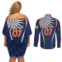 India Cricket World Cup 2024 Couples Matching Off Shoulder Short Dress and Long Sleeve Button Shirt Men In Blue Dynamic LT7 - Wonder Print Shop