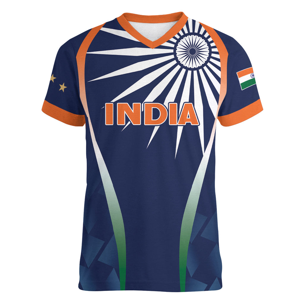 India Cricket World Cup 2024 Women V-Neck T-Shirt Men In Blue Dynamic - Wonder Print Shop