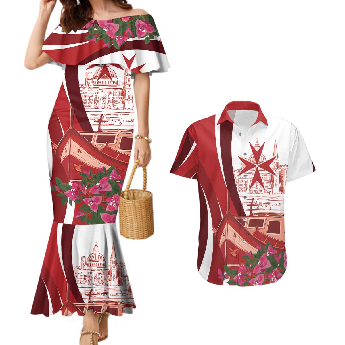 Inhobbok Malta Personalized Couples Matching Mermaid Dress and Hawaiian Shirt Valetta Scenery