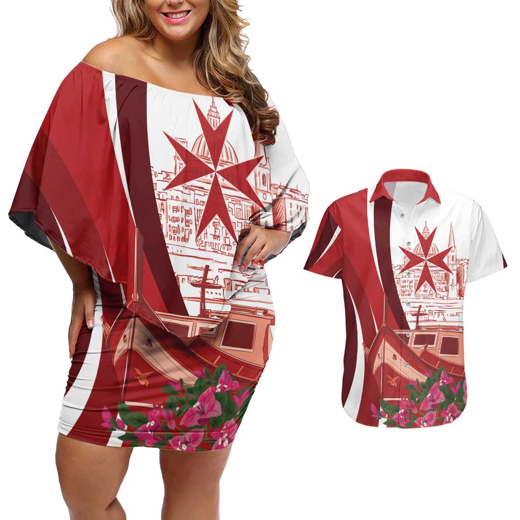 Inhobbok Malta Personalized Couples Matching Off Shoulder Short Dress and Hawaiian Shirt Valetta Scenery