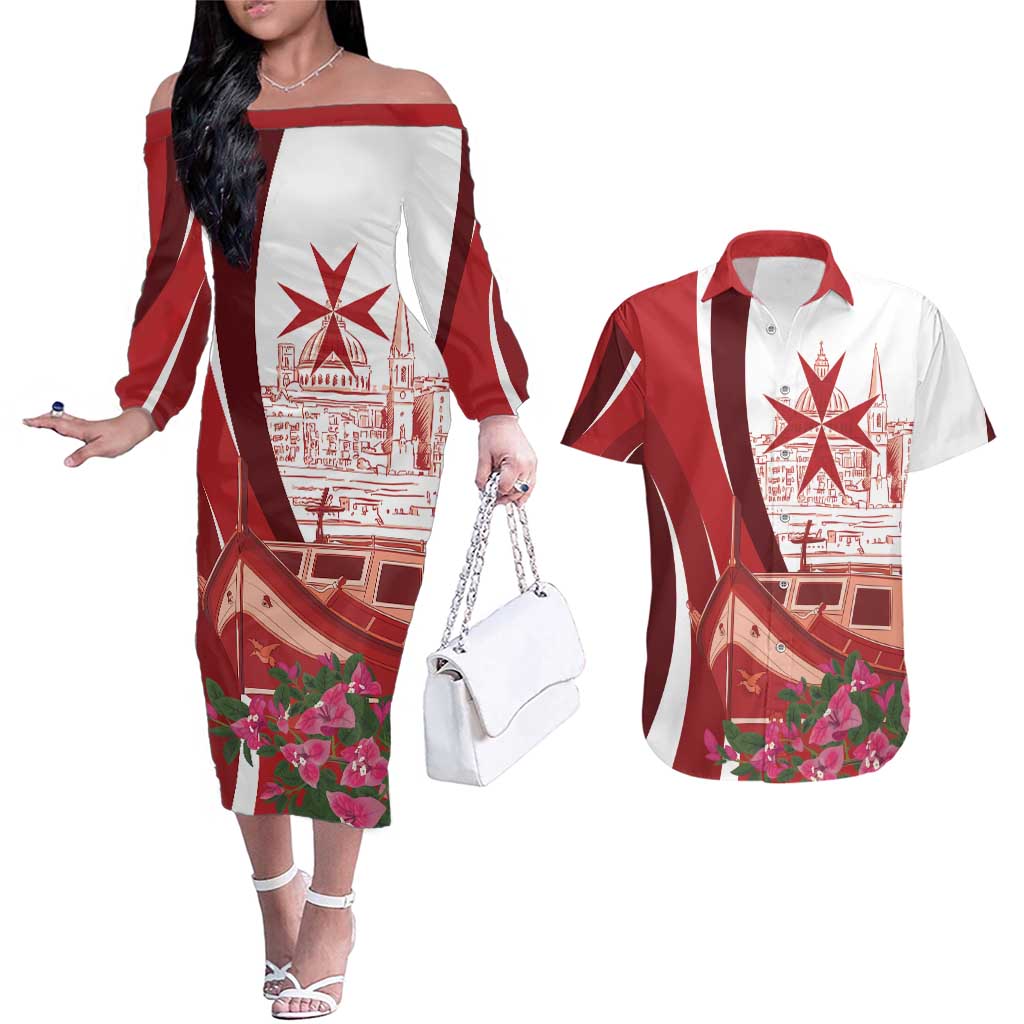 Inhobbok Malta Personalized Couples Matching Off The Shoulder Long Sleeve Dress and Hawaiian Shirt Valetta Scenery